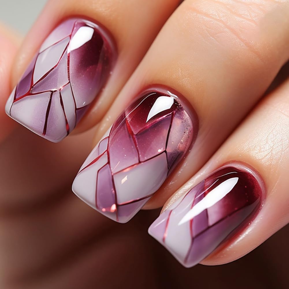 24Pcs Square Press on Nails Medium Fake Nails with Glossy Full Cover False Nails and Wine Red Broken Glass Pattern Acrylic Nails for Women Manicure