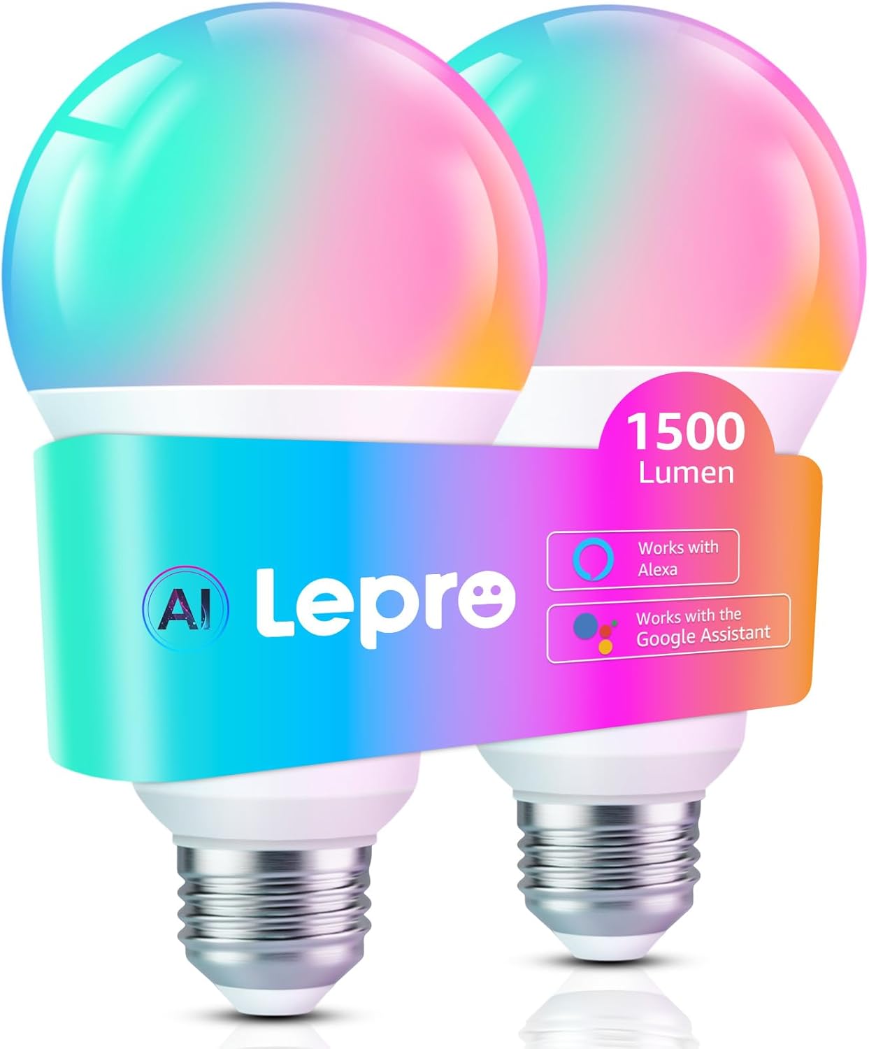 Lepro B3 AI Smart Light Bulbs - 1500LM 100W Equivalent A21 Bulb, WiFi & Bluetooth RGBWW Color Changing, Works with Alexa & Google Assistant, AI Voice Control by App, Music Sync, 2.4GHz Only (2 Pack)