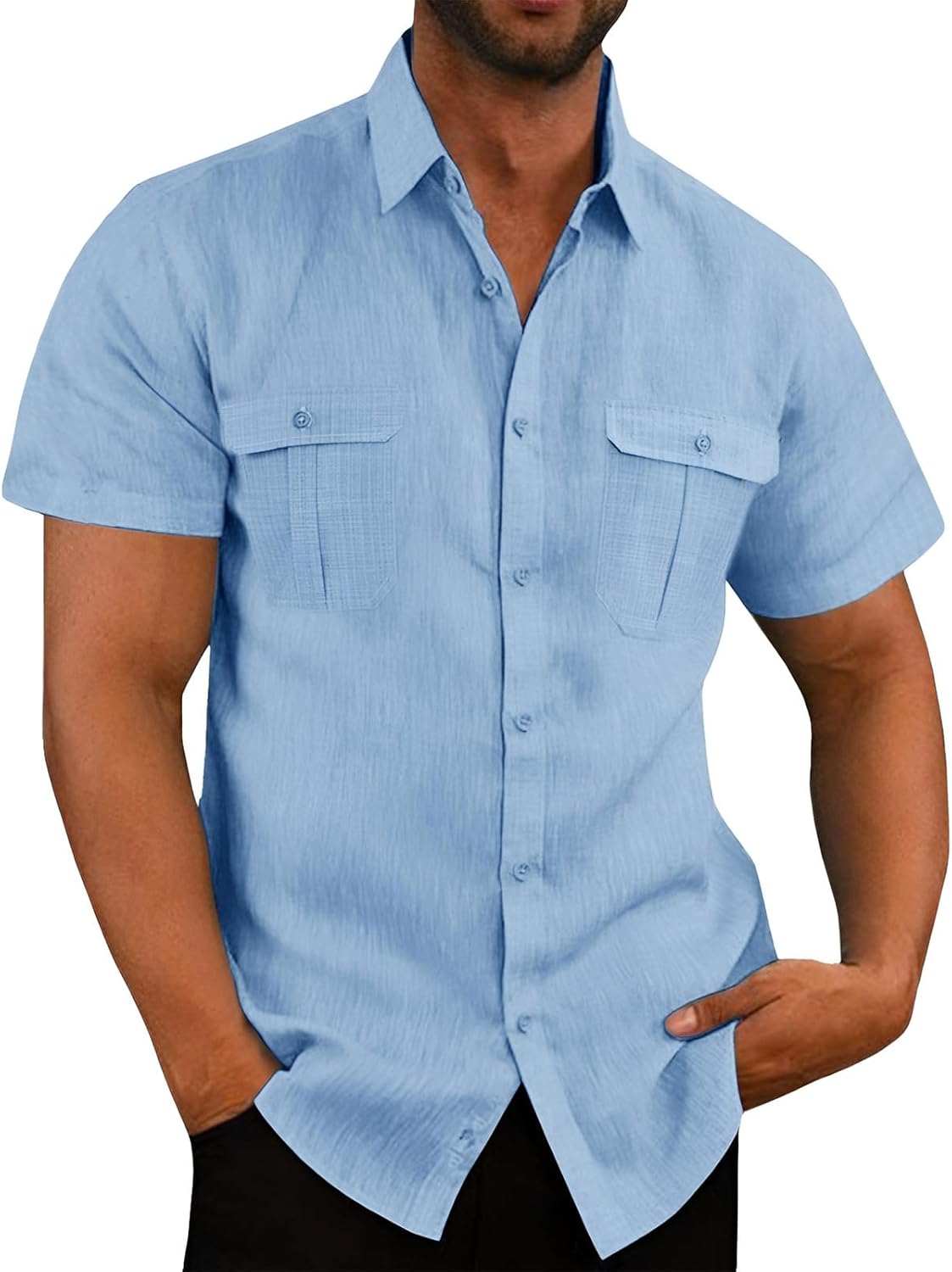 VUIOYRG Stretch Short Sleeve Shirt with Pockets,Men's Summer Cotton Button Down Casual Shirts,Plain Regular Fit Casual Business Shirt, Lightweight Beach Tops