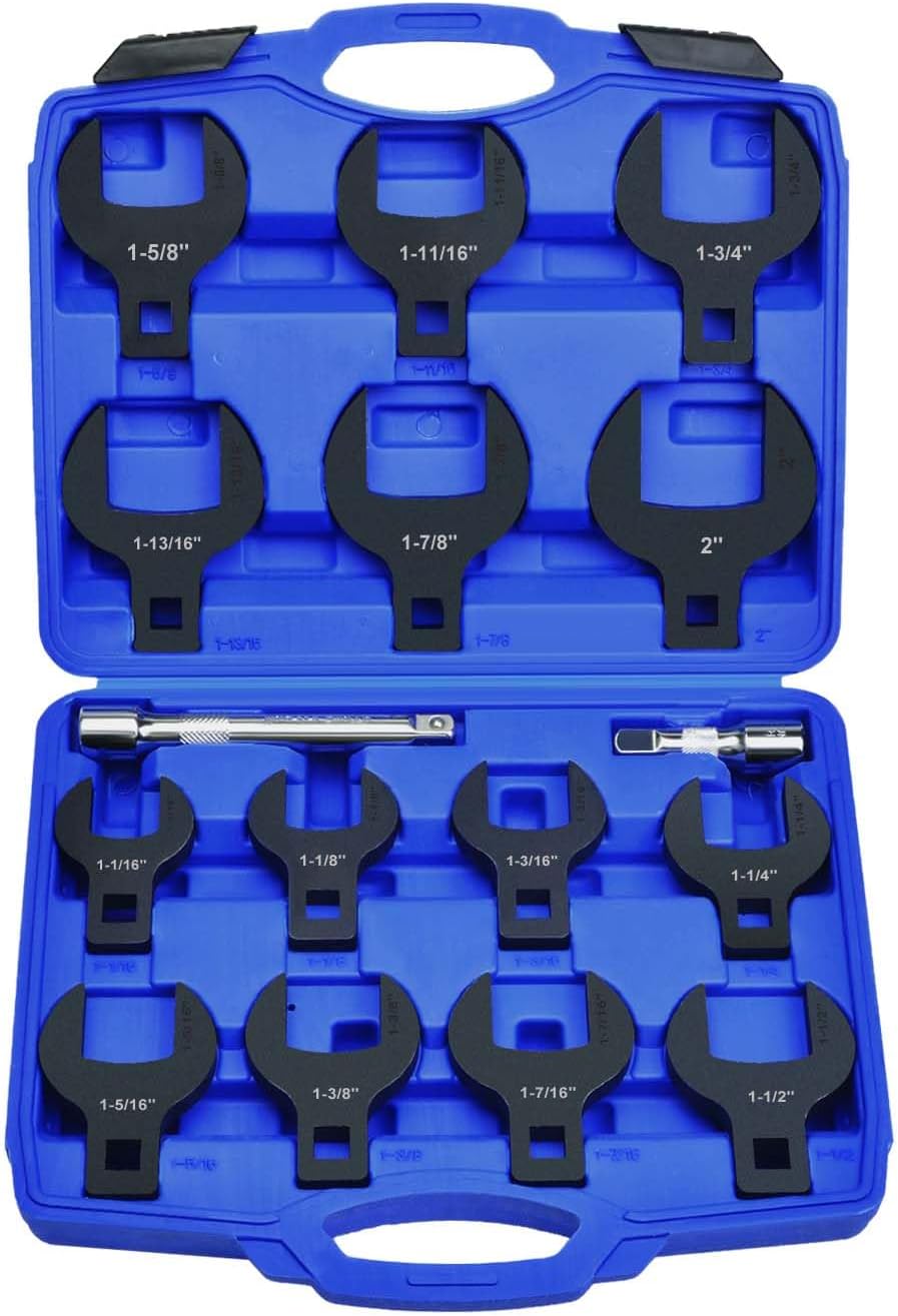 LainKeen 16pcs Jumbo Crowfoot Wrench Set, SAE Crows Foot Wrench Set for 1-1/16" to 2" Flare Nuts for 1/2" Drive Ratchet & Extension Bar, Blackened CR-V Steel Crowfoot Wrenches