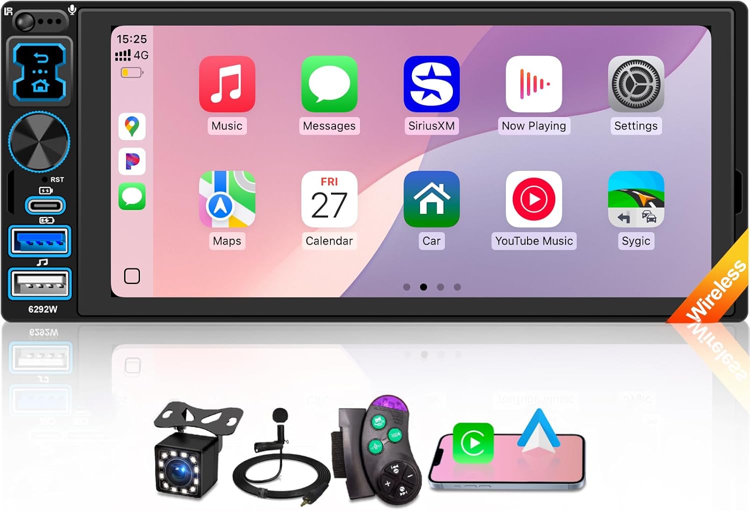 Single DIN Car Stereo Radio with Wireless Apple CarPlay & Android Auto, 6.9" IPS 1280x600 Touchscreen, Bluetooth 5.2, FM Radio, Backup Camera, 1 DIN Head Unit, 180W Subwoofer Out, Type-C Fast Charging