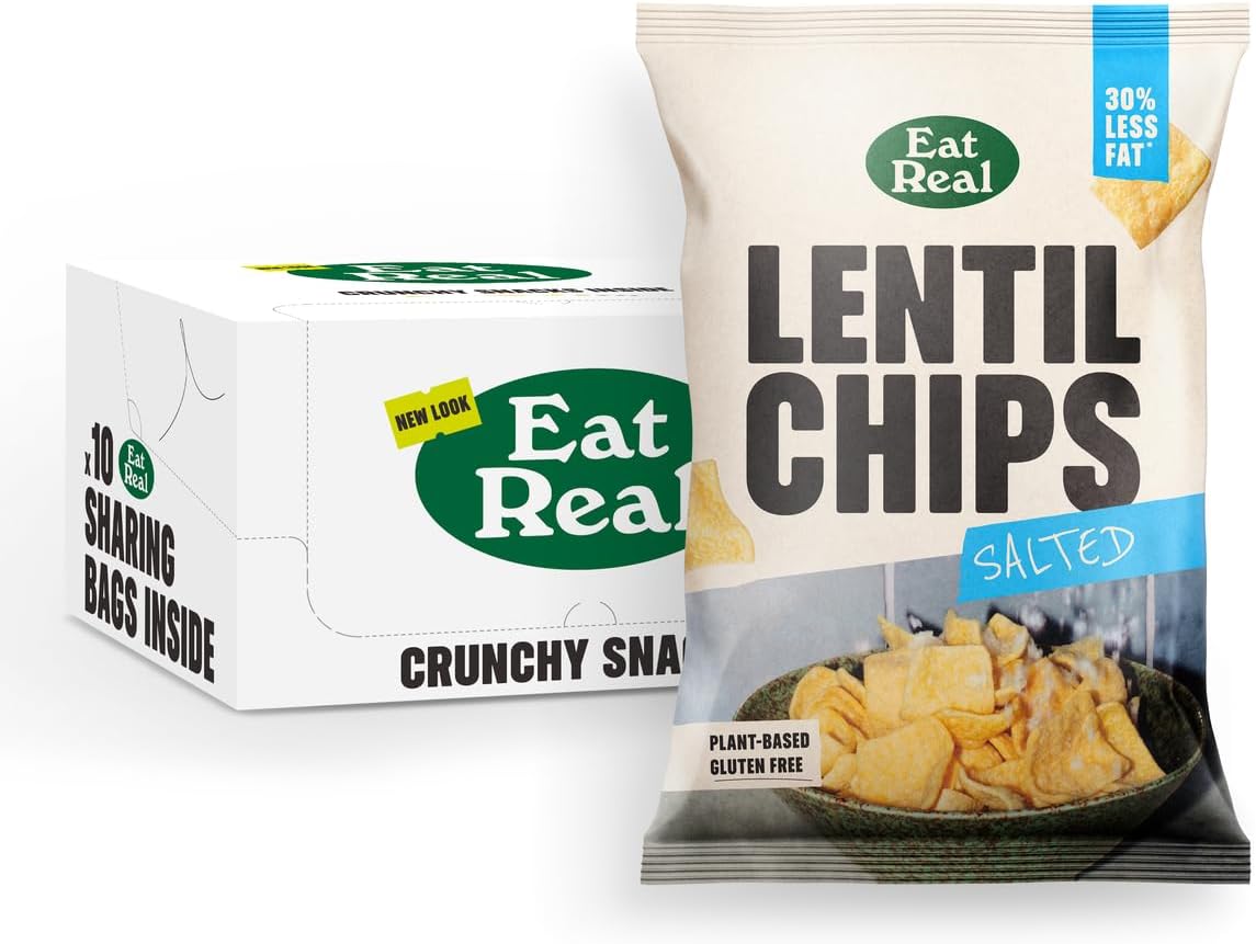 Eat Real, Lentil Crisps, Salted, 10 x 95g, Gluten-Free Crisps Multipack, Vegan-Friendly, Healthy Snacks, 30% Less Fat, Chip Snacks