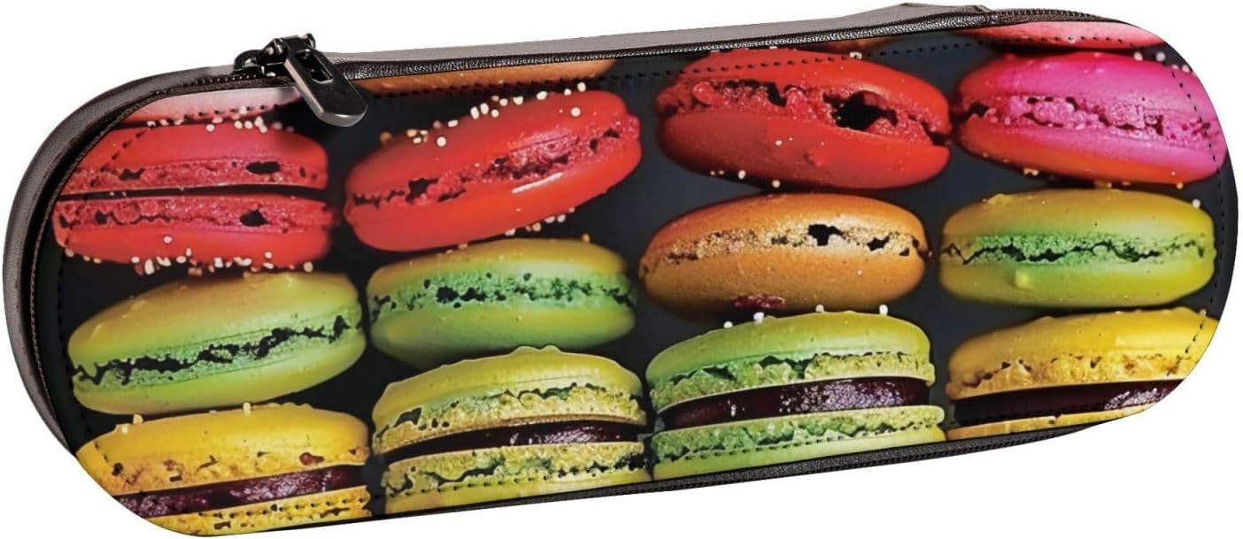 JKSEEPYN Macaron Biscuit Flavored Pastries Printed Hard Shell Leather Pencil Case & Makeup Bag, Stylish Organizer for School, Office, and Travel