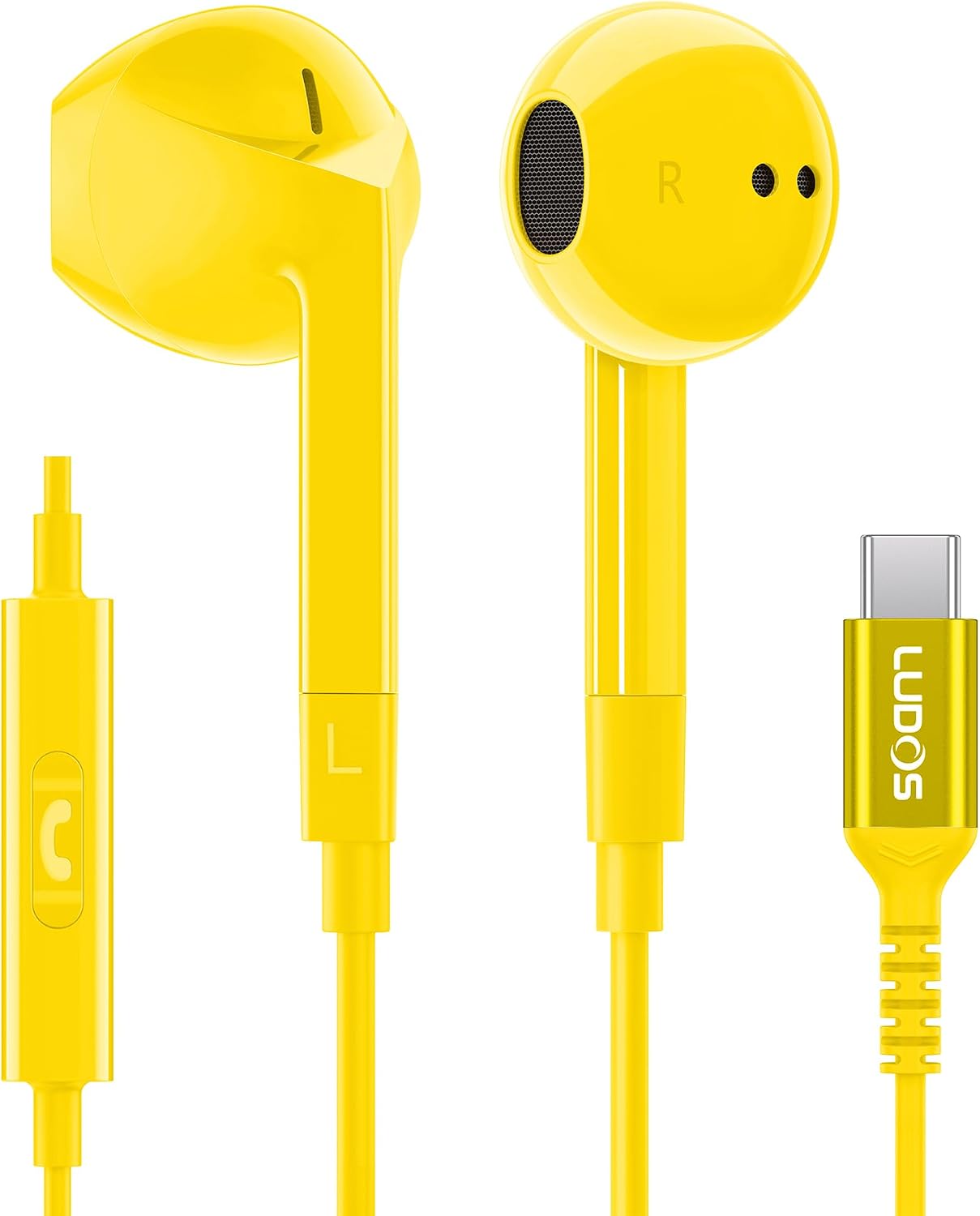 Ludos FEROX USB C Headphones, 5 Years Warranty, USB-C Earbuds for iPhone 16 15 Pro Max Plus Samsung Galaxy S24 S23 Ultra S22 S21 FE S20 Z Flip 3 Fold 4 A53 A54, USB Type C Earphones for iPad - Yellow