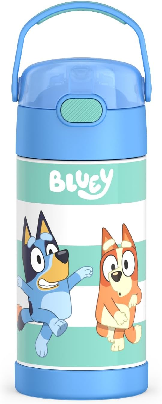 THERMOS FUNTAINER Water Bottle with Straw - 12 Ounce - Kids Stainless Steel Vacuum Insulated Water Bottle with Lid, Bluey