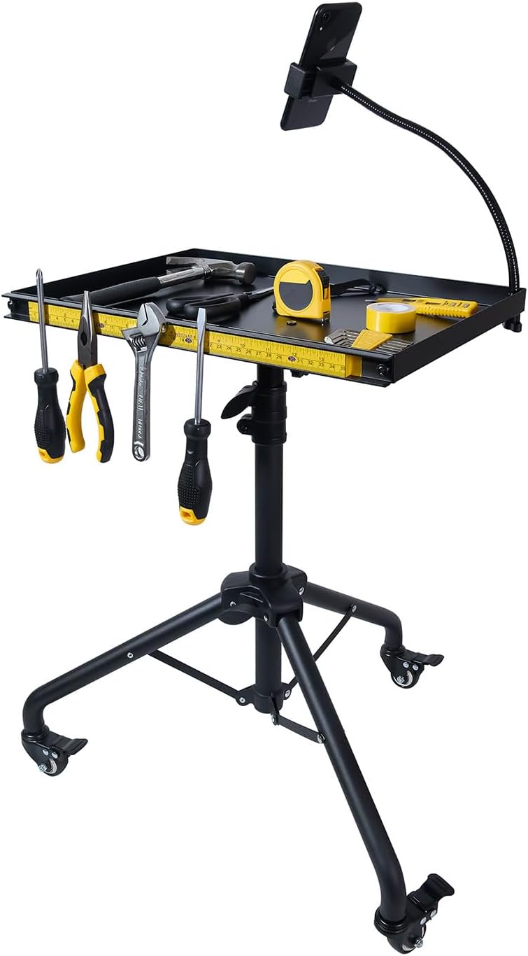 Rolling Tool Tray Cart with Phone Stand, Portable Work Table Mobile Service Tray Cart with Magenetic Ruler Measurement Tool Holder for Light Duty, Garage Tool Organizer Mechanic Cart