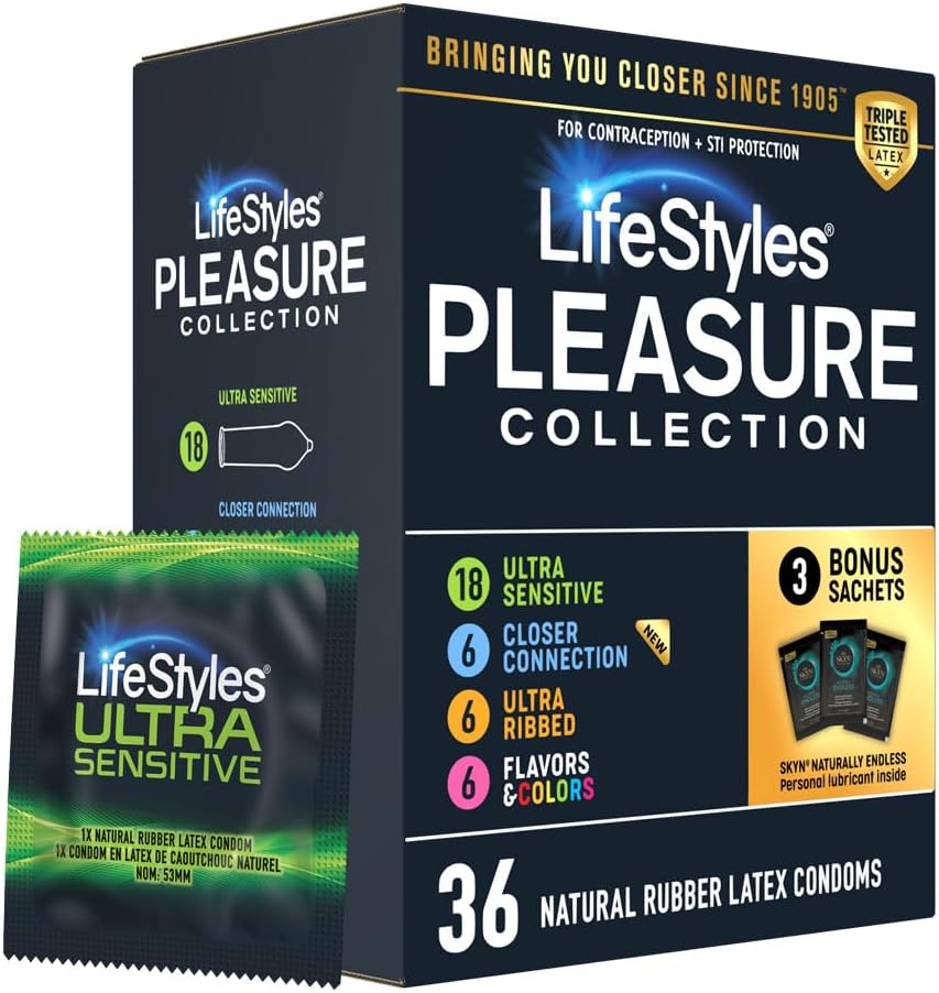 Lifestyles Pleasure Collection Assorted Lubricated Natural Latex Condoms, 36 Count, 3 Bonus Personal Lubricant Sachets, Triple Tested (Pack of 1)