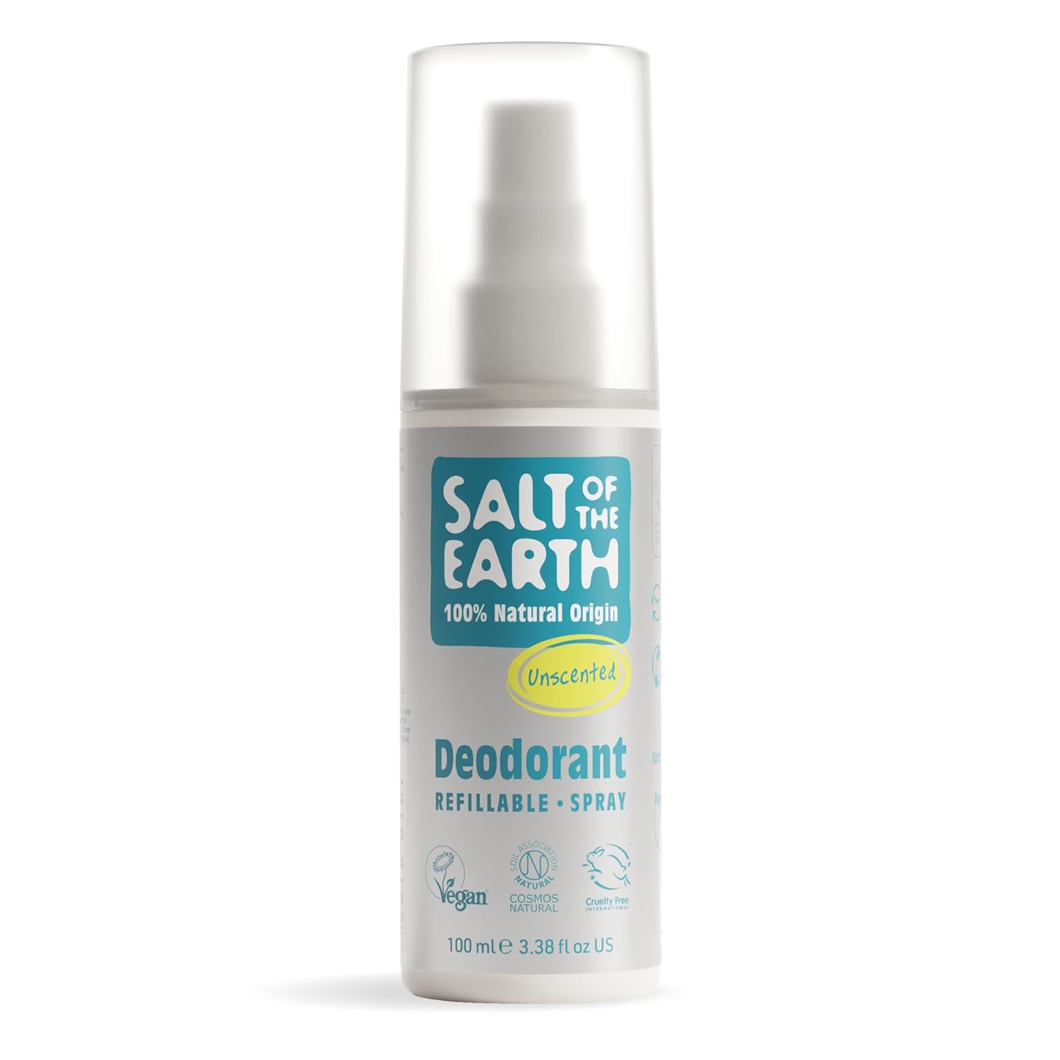 Salt of the Earth – Refillable Natural Deodorant Spray – 100% Natural Origin Ingredients - Vegan, Long Lasting Protection – Suitable For Women, Men & Kids - 3.38oz (Unscented)