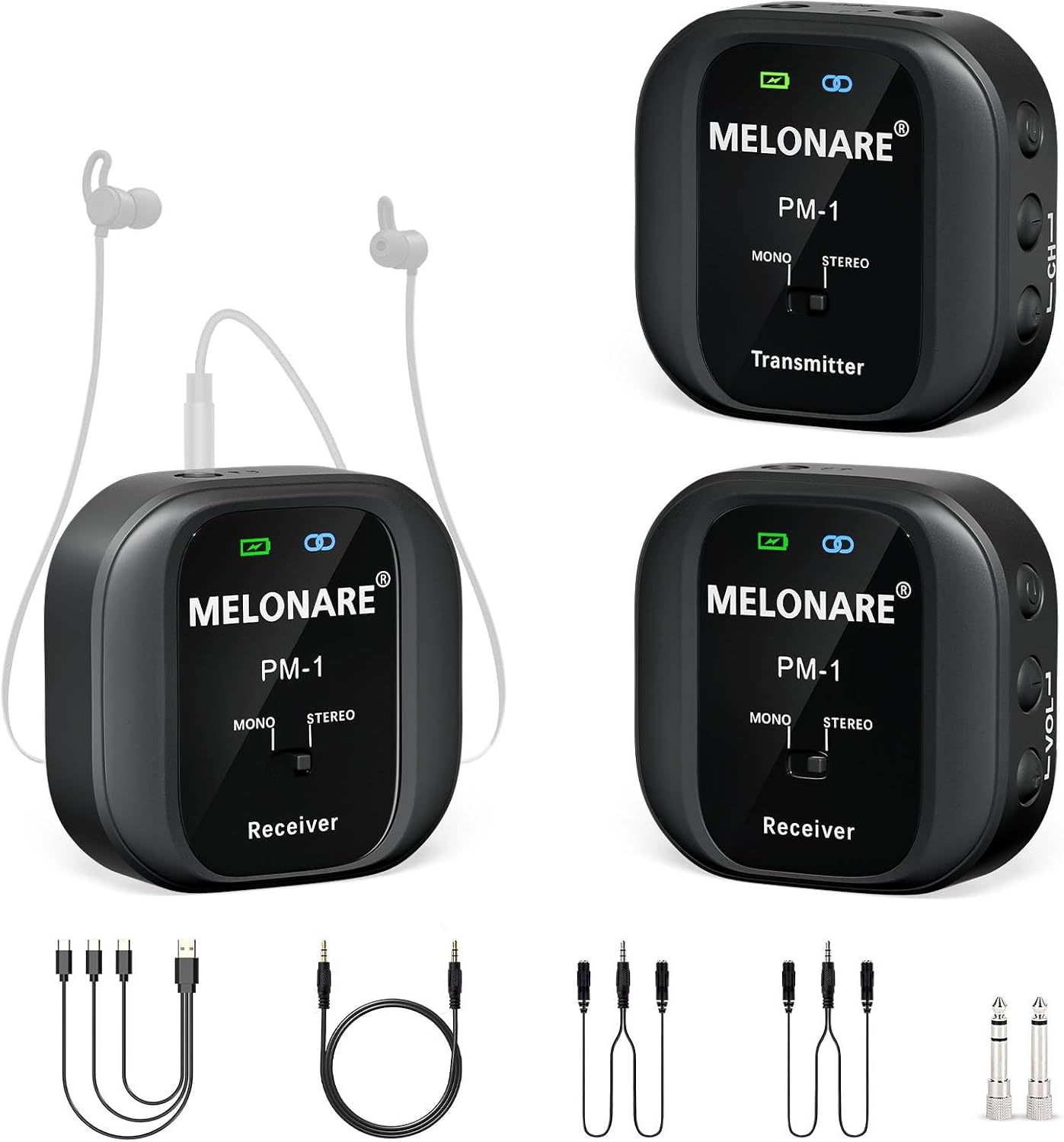 Wireless in-Ear Monitor System - UHF 500MHz, Low Latency, Auto-Pairing, 1 Beltpack Transmitter & 2 Receivers, 10 Channels, Mono/Stereo Selection, IEM for Live Shows, Studio, Bands (PM-1-2R)
