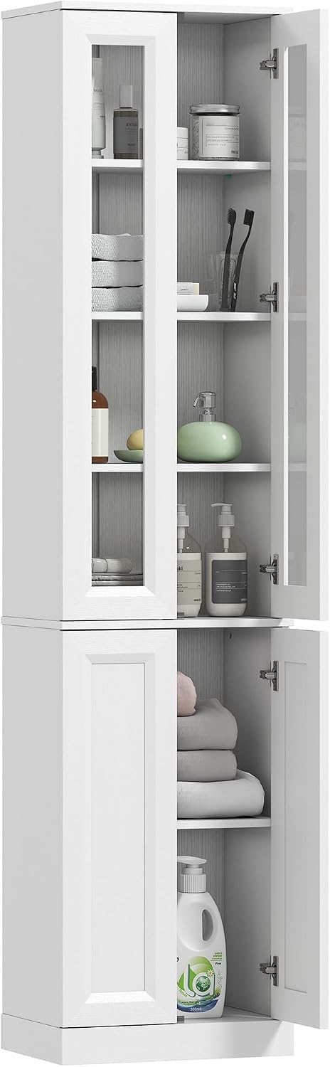 HOMCOM Tall Bathroom Storage Cabinet 6-Tier Slim 38 x 26 x 160 cm White | Freestanding Bathroom Cabinet, Adjustable Shelf, 4 Soft-Close Doors, Storage Unit for Small Space
