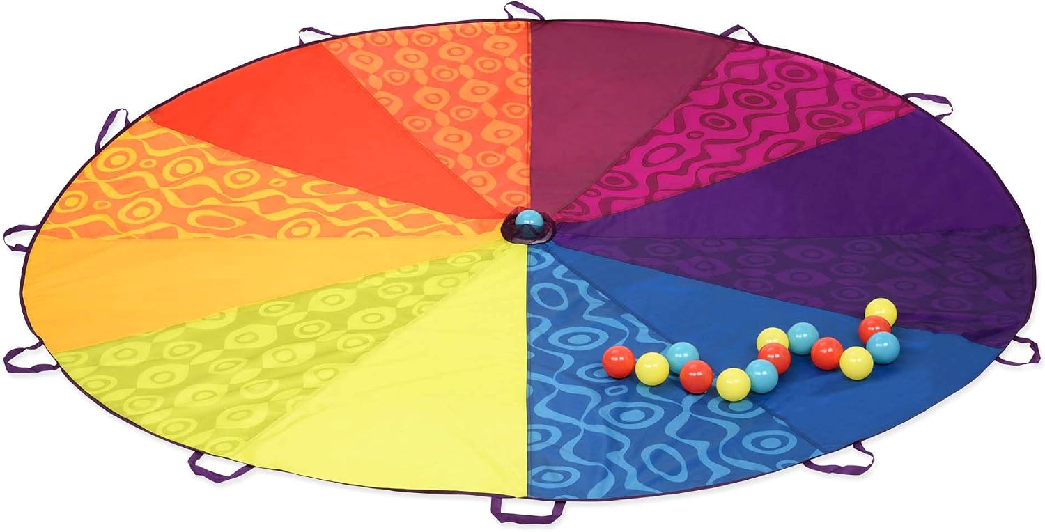 B. toys – Woo – Hue Parachute! – Sports Outdoors – Play Parachute with 15 Colorful Balls – 12 Handles – 8ft Wind Tent – Outdoor Games – Rainbow Colors – 3+ Years