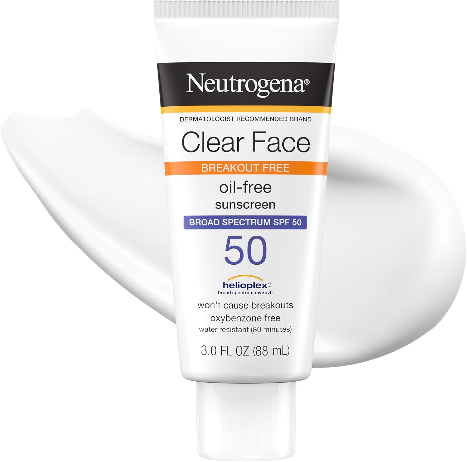 Neutrogena Clear Face Liquid Lotion Sunscreen for Acne-Prone Skin, Broad Spectrum SPF 50 UVA/UVB Protection, Fragrance & Oxybenzone Free Facial, Non-Comedogenic, Unscented, 3 Fl Oz