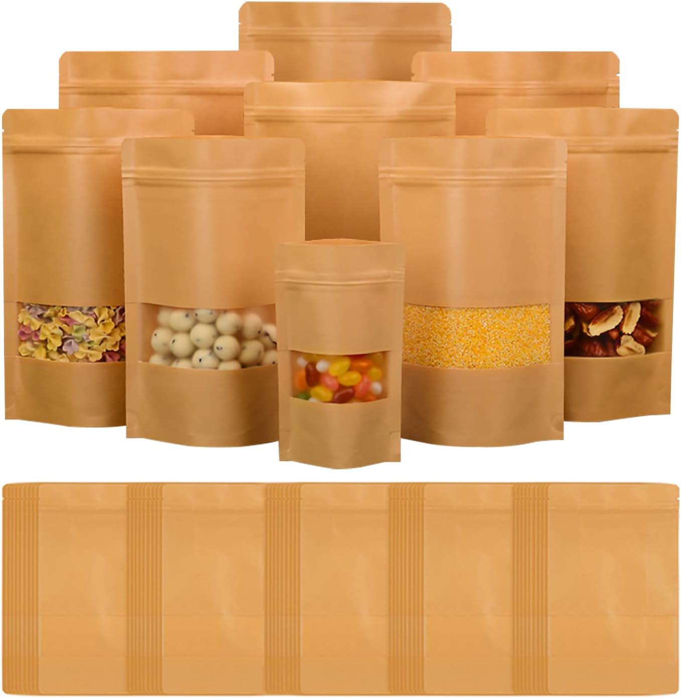 Kraft Bags With Window, Kraft Sealable Pouches, Kraft Pouches With Window, Sealable Brown Bags, Applicable for Nuts, Coffee Beans, Tea Leaves, Spices, etc. (10x15cm 100PCS)