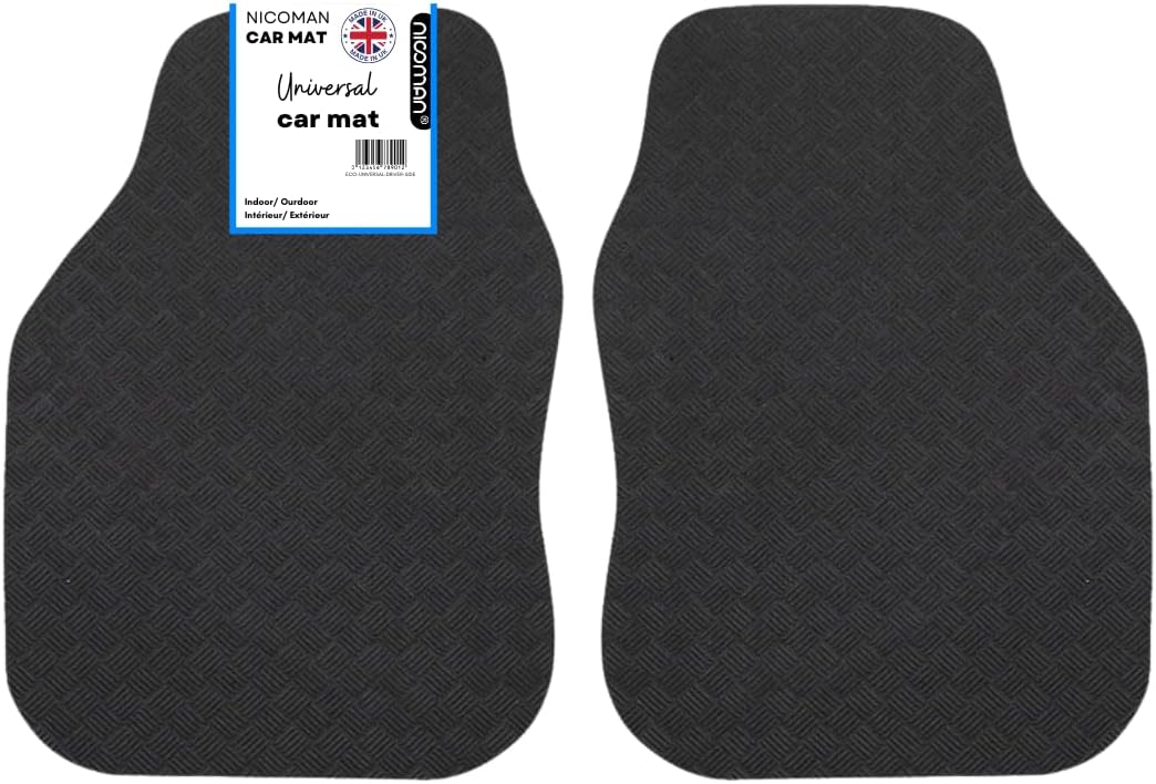 Nicoman Car Mats Universal Black Car Mats with Anti-Slip, Performance All Weather Protection, Trim to Fit Rubber Floor Mat Carpet for SUV, Vans, Sedans, Trucks Waterproof, Made in UK (Front set)