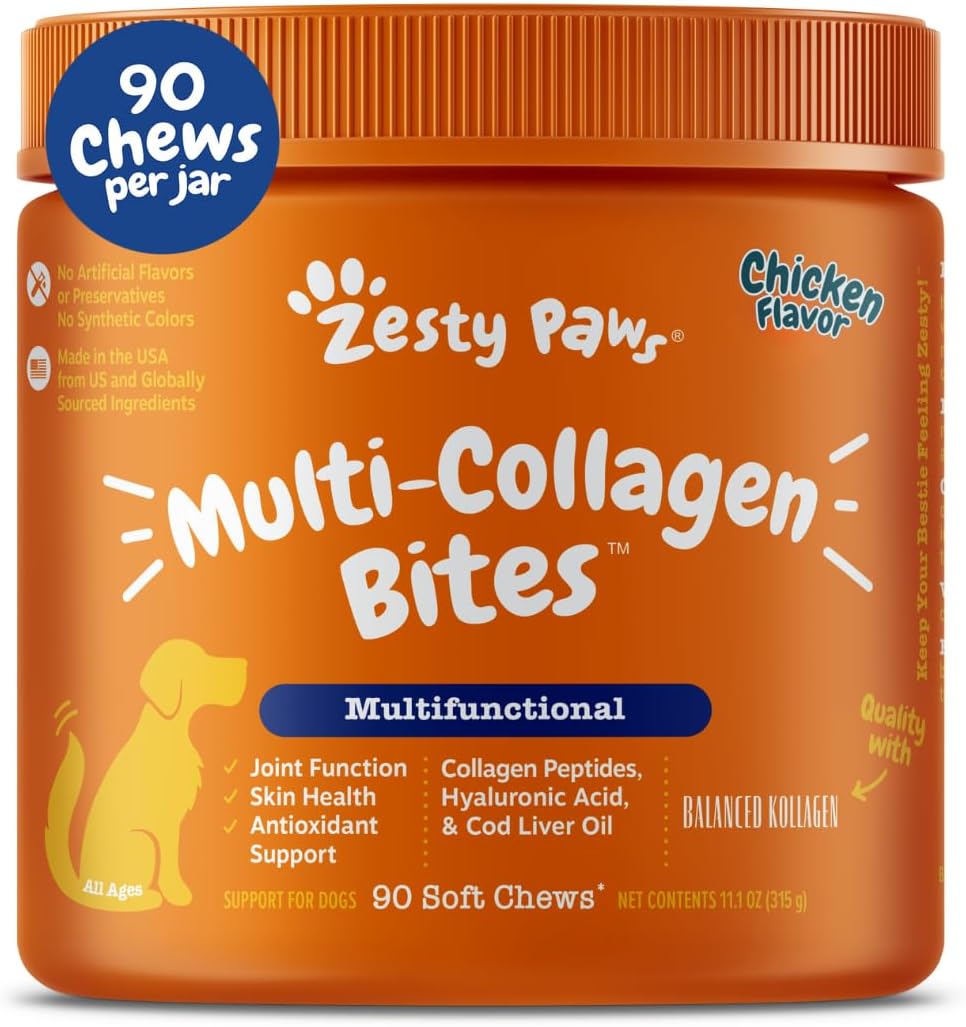Zesty Paws Multi Collagen Soft Chews for Dogs - for Hip, Joint & Cartilage Support + Skin Health - with Collagen - Plus Eggshell Membrane, Vitamin C & Hyaluronic Acid - 90 Count