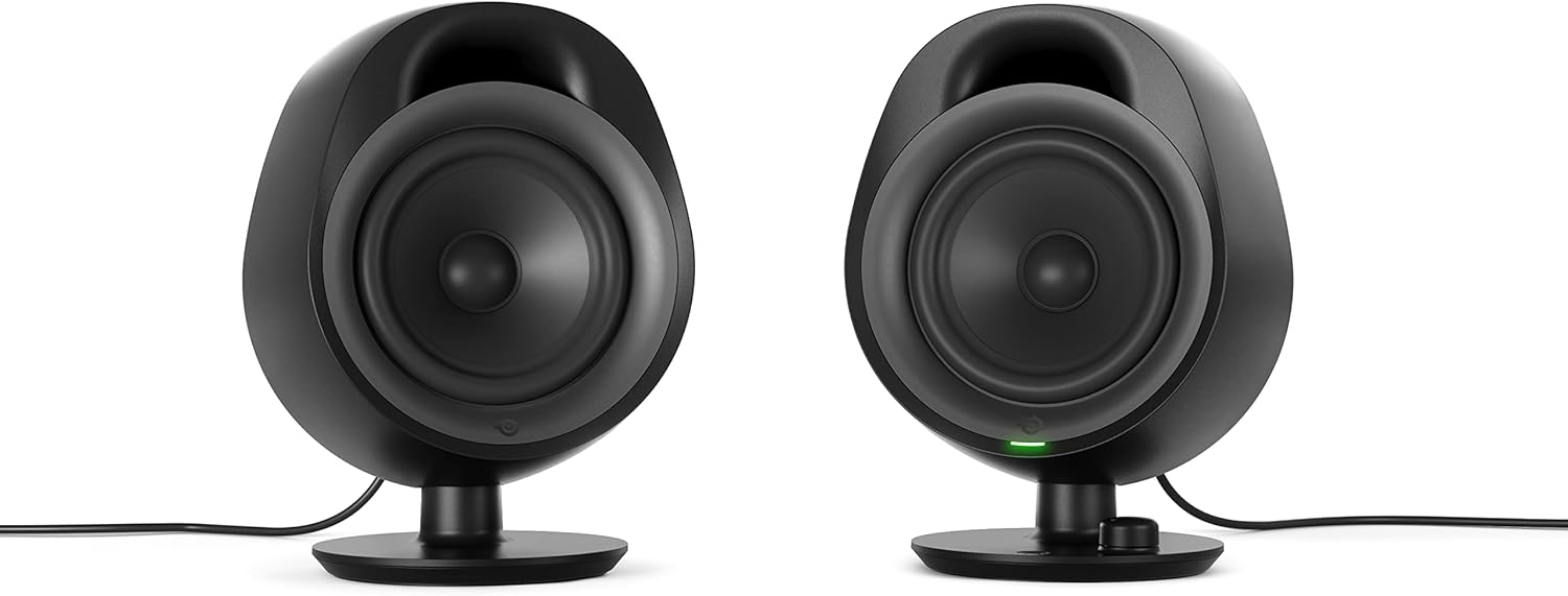 SteelSeries Arena 3 - Full-Range 2.0 Gaming Speakers – Immersive Audio – On-Speaker Controls – 4" Speaker Drivers – Wired & Bluetooth – 3.5mm Aux – PC, Mac, Mobile – UK Plug, Black
