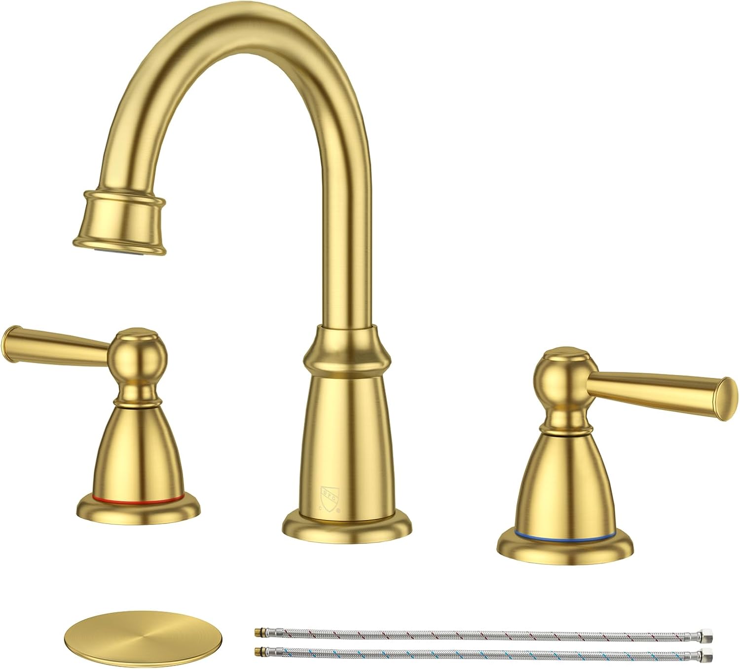 CREA Gold Bathroom Faucet 3 Hole,2 Handles 8 Inch Widespread Bathroom Faucets with Drain,360°Swivel 3 Pieces Brushed Gold Faucet for Bathroom Vanity Basin Mixer Tap(cPUC Supply Line)