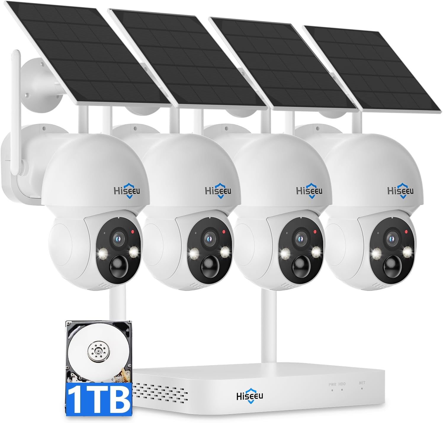 Hiseeu Solar Camera Wireless Outdoor, Home Security Camera System, 2.4G & 5G WiFi, Solar-Powered 4MP 4 Cam-Kit, Color Night Vision, 360° View, Pan & Tilt, 1TB HDD Local Recording