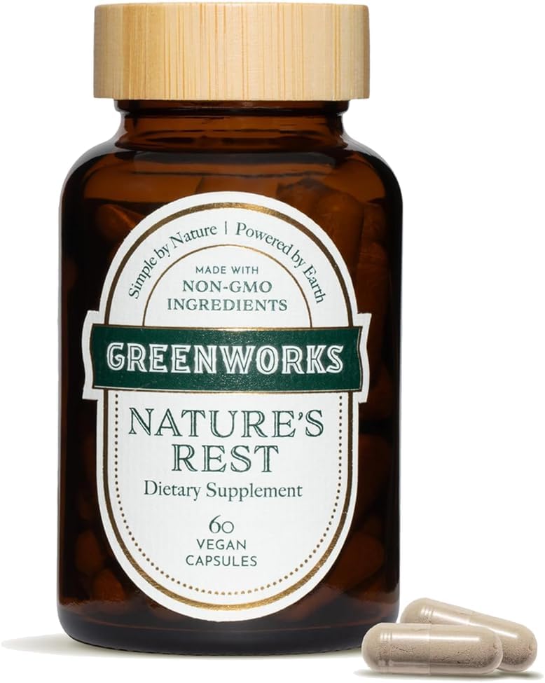 Greenworks Nature's Rest Melatonin-Free Sleep Aid for Adults | Organic Herbal Sleep Supplement with Valerian Root, Ashwagandha, Chamomile & Passionflower | Vegan, Non-GMO, 30-Day Supply, 60 Capsules