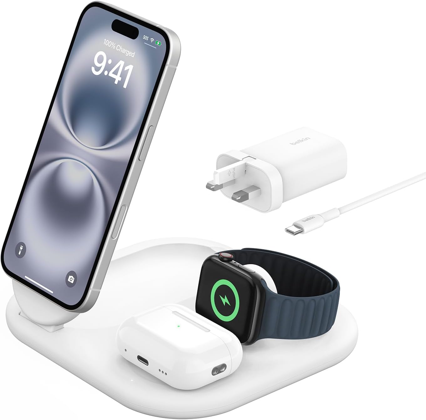 Belkin BoostCharge 3-in-1 Magnetic Foldable MagSafe Charger with Qi2 15W - Compatible Fast Charge for iPhone 16, 15, 14, Apple Watch, AirPods with Non-Slip Base, PSU Included - White
