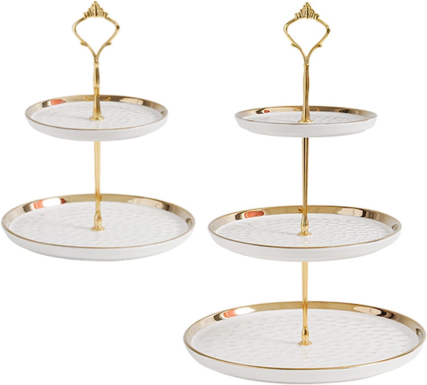 MEETOZ 2 Set of Round Porcelain Tiered Cupcake Stand, Dessert Plates Stand Tiered Serving Trays with Gold Rod,3 Tiers and 2 Tiers Cake Stand Party Serving Trays Fruit Pastry Holders(White)