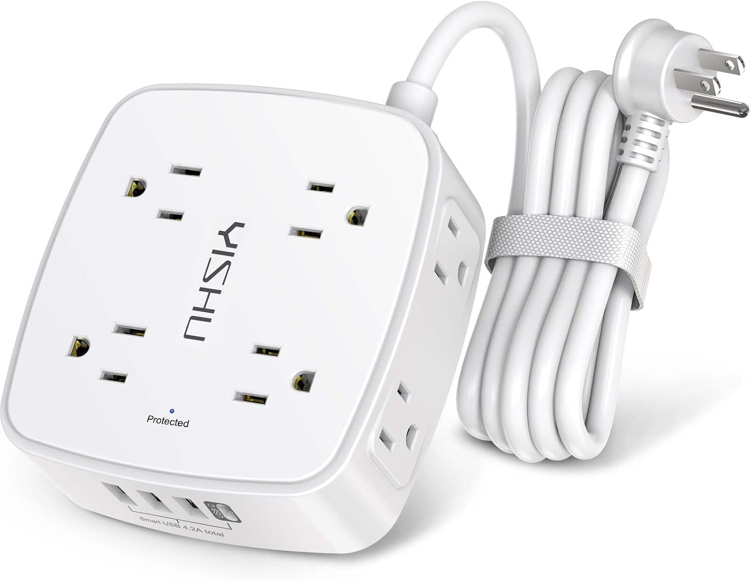 6 Ft Surge Protector Power Strip - 8 Widely Outlets with 4 USB Ports, 3 Side Outlet Extender with 6 Feet Extension Cord, Flat Plug, Wall Mount, Desk USB Charging Station, ETL,White