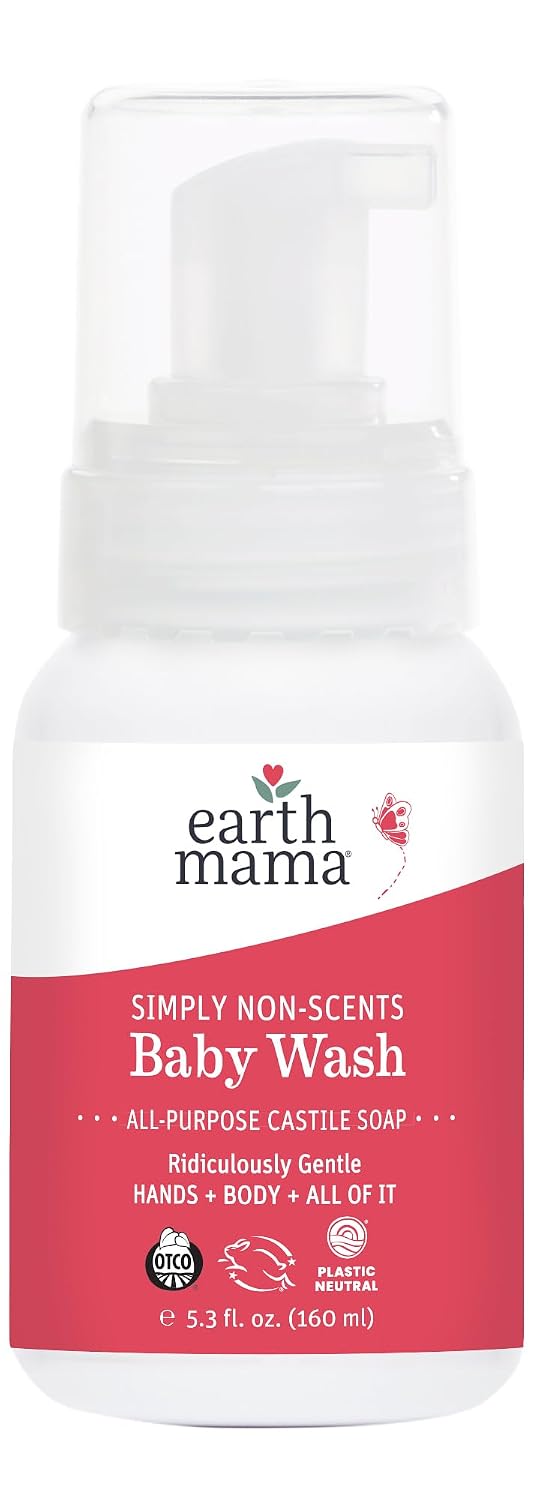 Earth Mama Simply Non-Scents Baby Wash Foaming Hand Soap, Organic Fragrance Free Body Wash, Unscented Body Wash, Castile Soap with Coconut Oil, Shea Butter, Calendula, & Aloe, 5.3floz