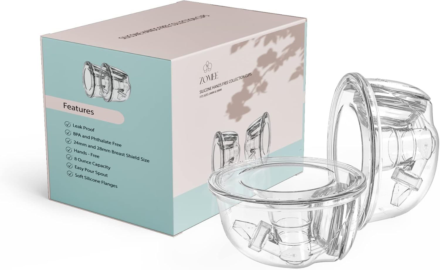 Zomee Wearable Silicone Hands Free Collection Cups 8 oz Capacity 19mm 21mm and 24mm Breast Shield Included, BPA and Phthalate Free Portable and Discreet Pumping