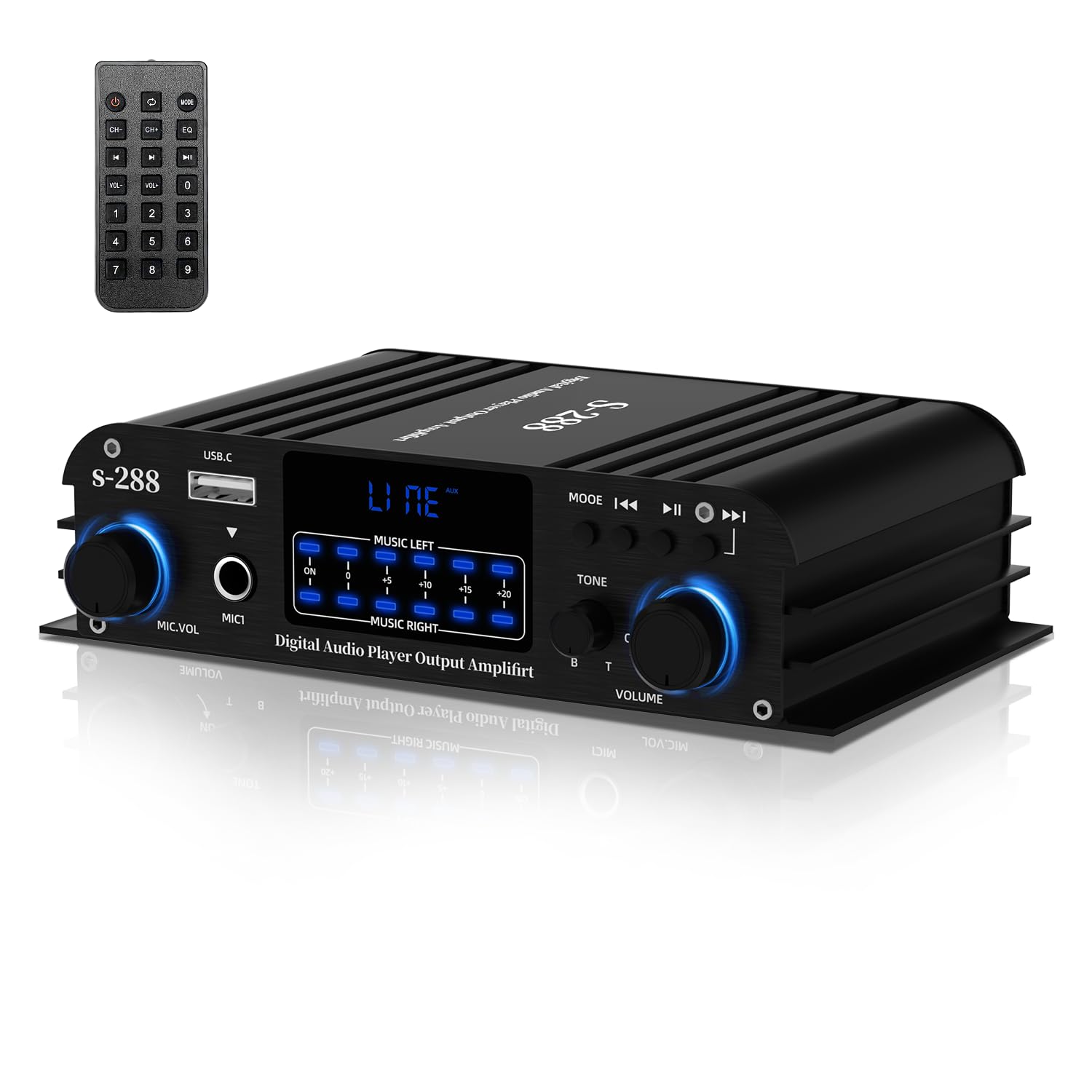 1200W Amplifier Home Audio 4 Channel, Bluetooth5.0 Small Amplifier, RMS 45Wx4, 300W*4 Peak Power Stereo Receiver with USB, SD, Class D Speaker Amp for Home Theater Karaoke RCA, Garage