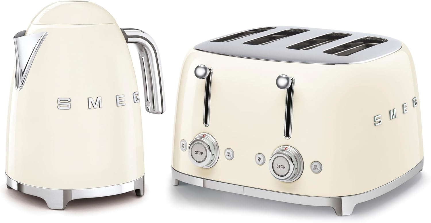 Smeg 50’s Style Retro Range Breakfast Set, 1.7L 3000W Kettle and Multi-Functional Control 4-Slice 2000W Toaster, Cream, KLF03CRUK/ TSF03CRUK