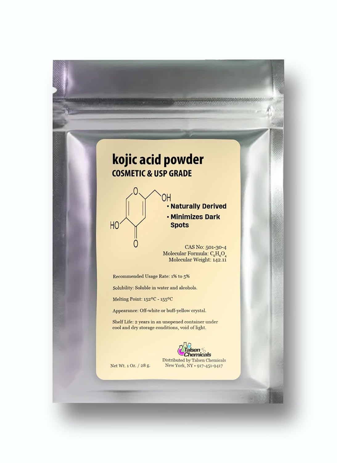 Pure Kojic Acid Powder Natural and Organic Kojic Acid (1 Ounce / 28 Gram)