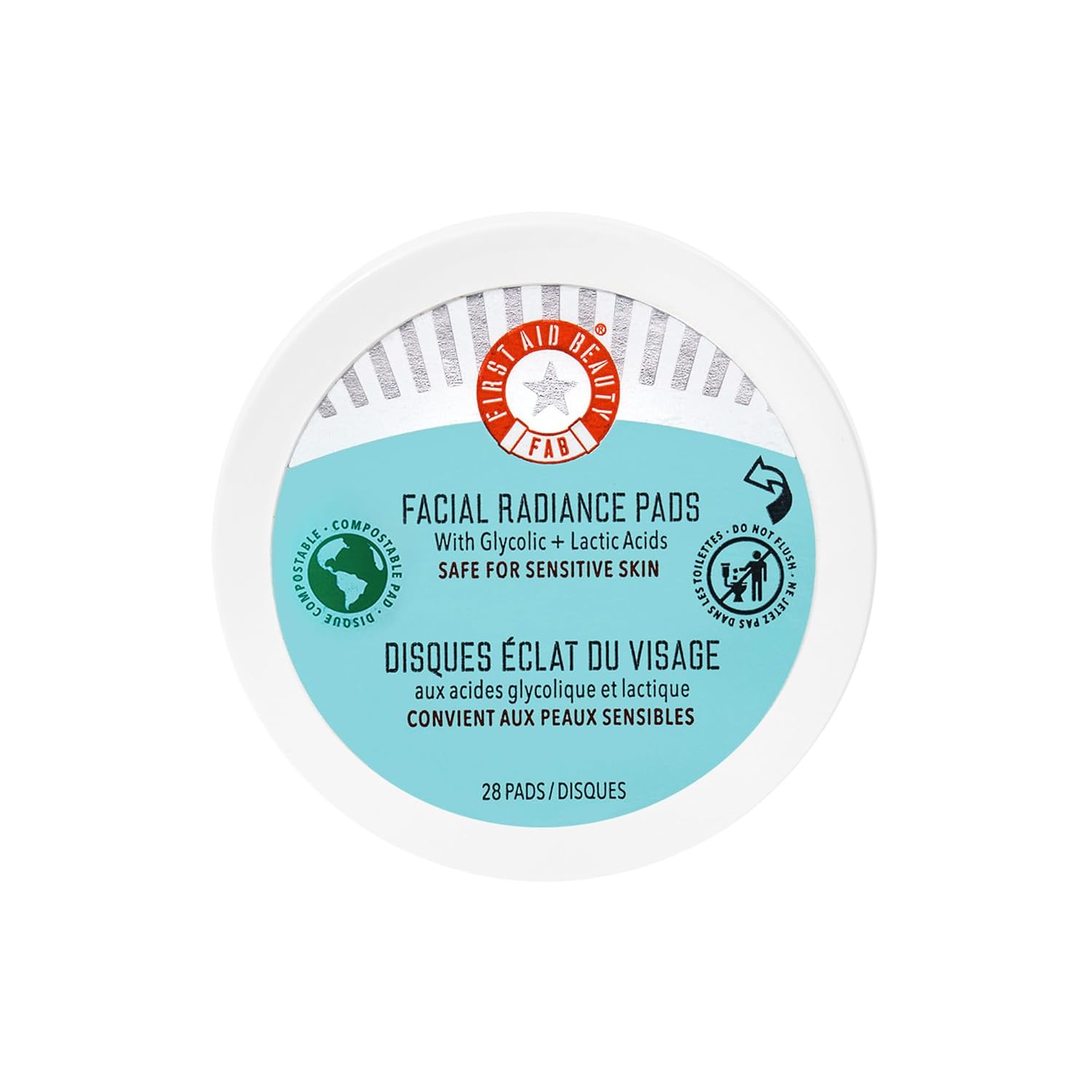 First Aid Beauty - Facial Radiance Pads with Gycloic & Lactic Acids – Daily Exfoliating Pads with AHA that Help Tone & Brighten Skin – Makeup Routine Prep - Compostable for Daily Use – 28 Count