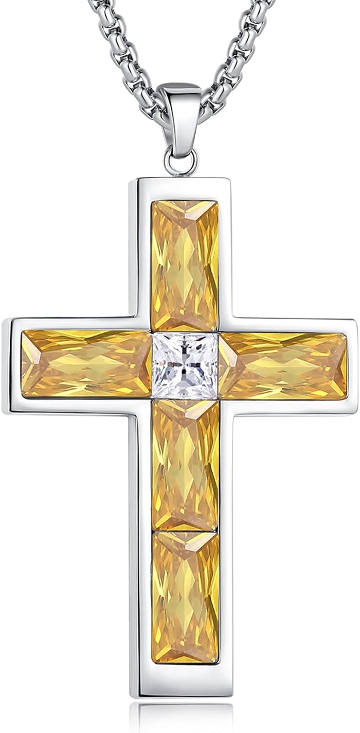Birthstone Cross Necklace for Men, 316L Stainless Steel with Cubic Zirconia Cross Pendant Necklace for Women, 24Inch Chain Handmade Jewelry
