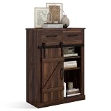 AILEEKISS Farmhouse Storage Cabinet Modern Buffet Sideboard with 2 Drawers & Barn Door Freestanding Kitchen Pantry Cabinet Coffee Bar Cabinet for Dining Room, Living Room, Bathroom, Entryway (Brown)
