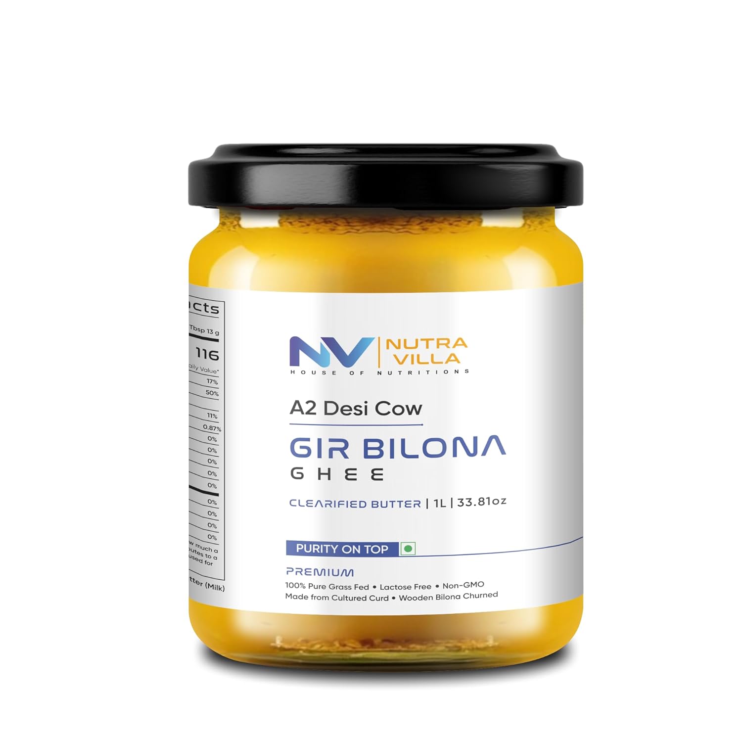 Nutravilla A2 Gir Cow Ghee Organic Grassfed Homemade Pure Gir Cow Ghee | Jar Of 1 Liter | 33.8 fl Oz | Handcrafted By Farmers With Traditional Bilona Method