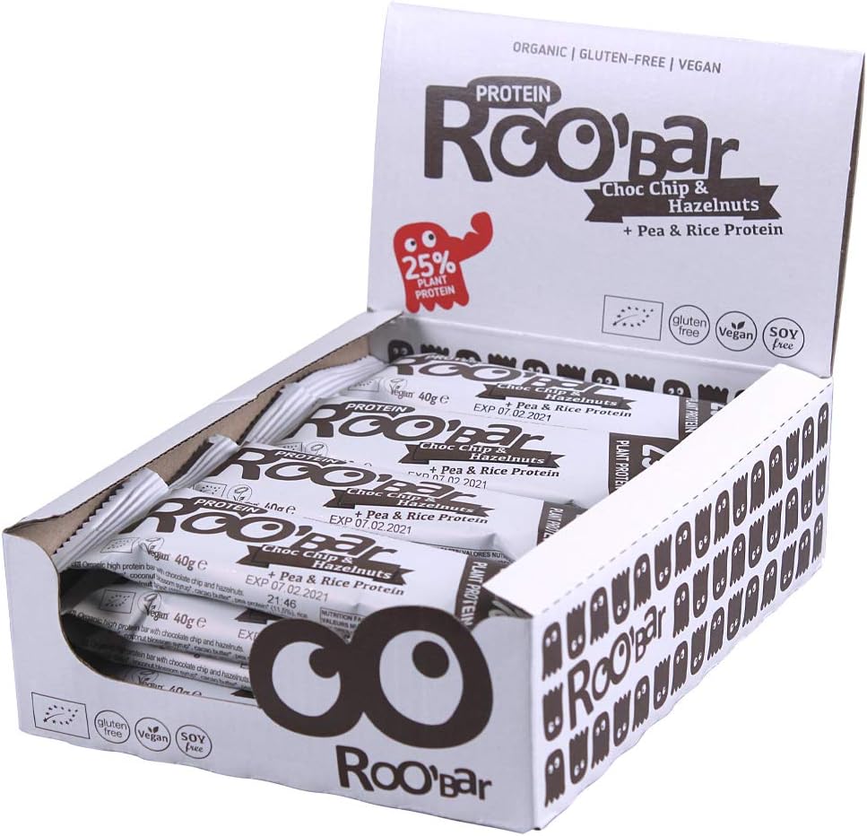Roobar Choc Chip & Vanilla 100% Organic Raw Vegan Protein Bar for Optimum Nutrition. Dairy & Gluten Free - 10 x 60g Protein Bars