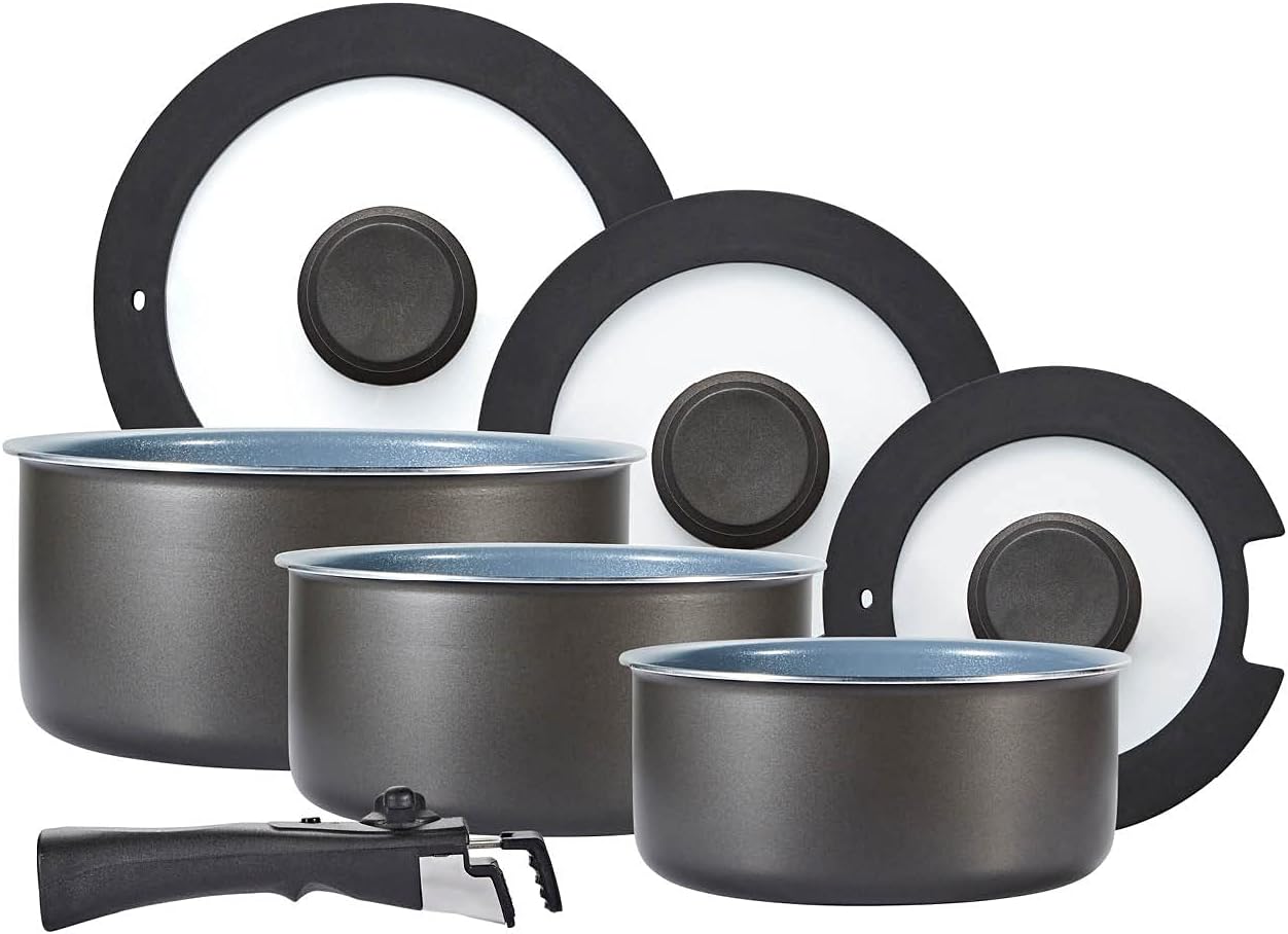 Tower Freedom T800201 7 Piece Cookware Set with Ceramic Coating, Stackable Design and Detachable Handle, Graphite, Aluminium, Black