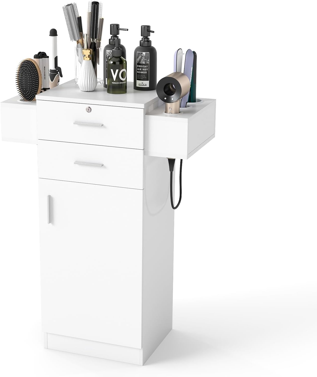 COSTWAY Beauty Salon Storage Cabinet, Lockable Hair Stylist Equipment Barber Station with 6 Hair Dryer Holders, 2 Drawers and 1 Door Cabinet, Salon Spa Hairdressing Storage Organizer (White)
