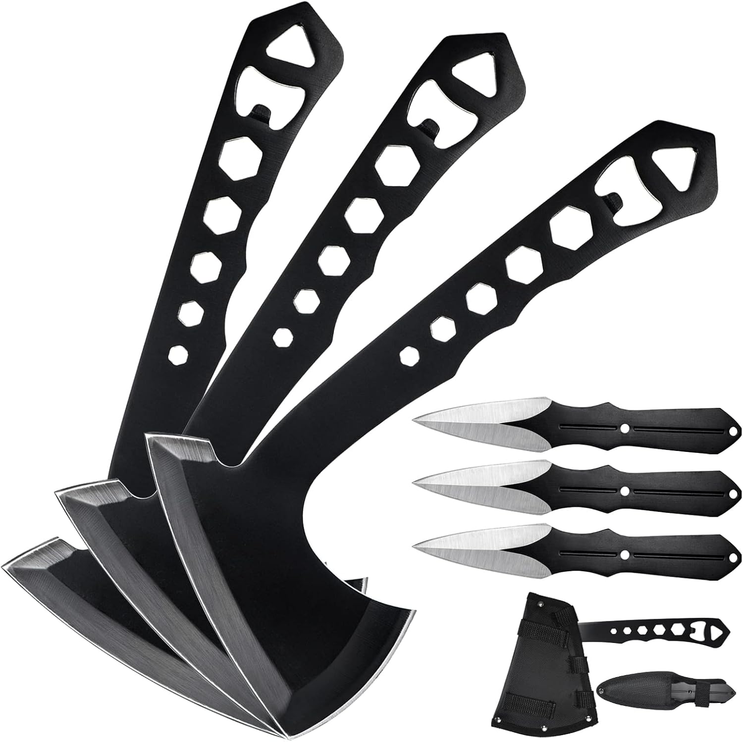 BANORES Hawkeye Throwing Axes and Tomahawks Set with 10 inch Full Tang Stainless Steel, Nylon Sheath 3 Pack