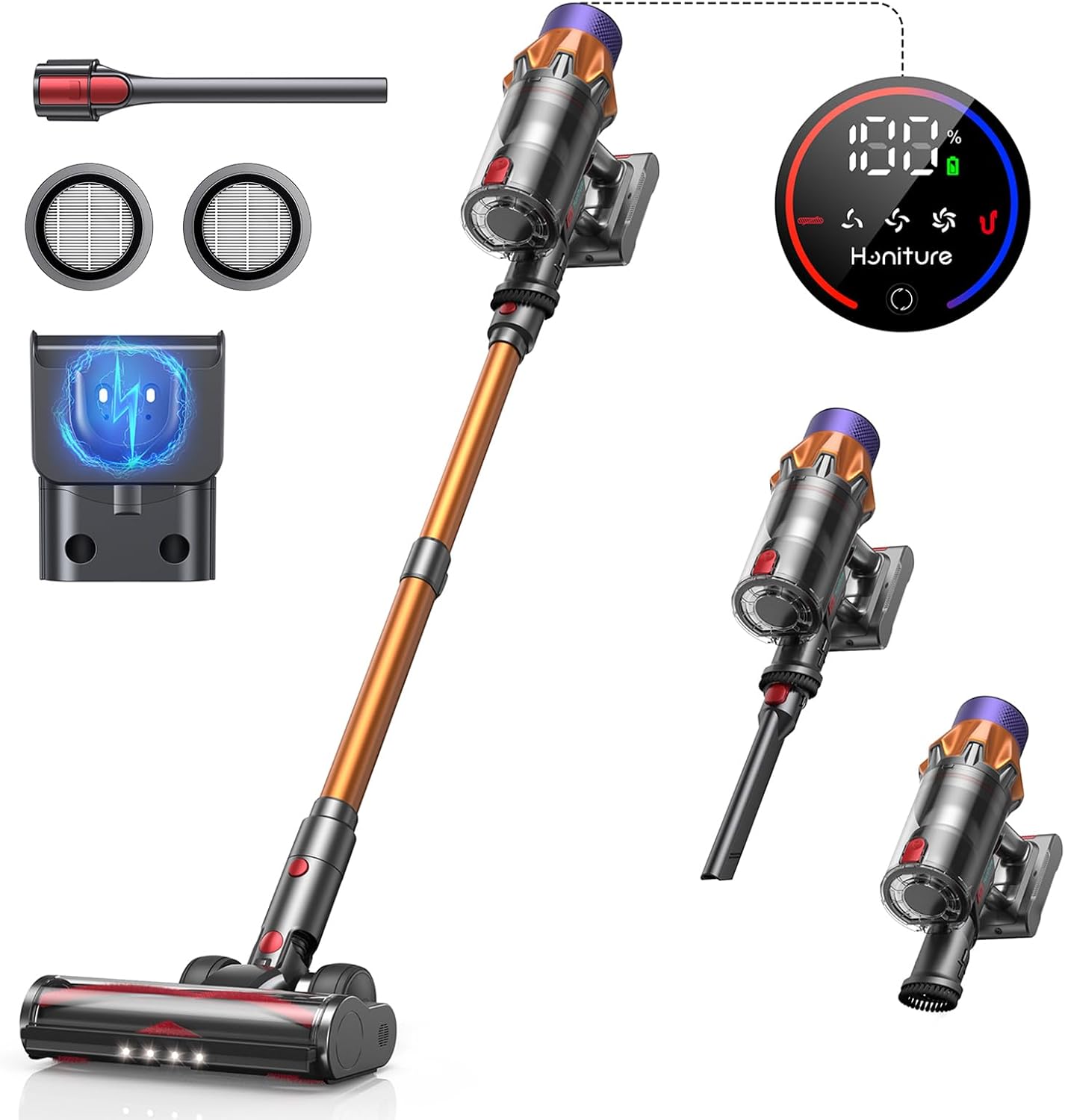 HONITURE X7 Cordless Vacuum Cleaner, 550W/45Kpa Stick Vacuum Cleaner Color Touch Screen, 60Mins, 2024 Newest Vacuum Cleaner with Charging Station for Carpet, Hard Floor, Pet Hair, Yellow, US-X7