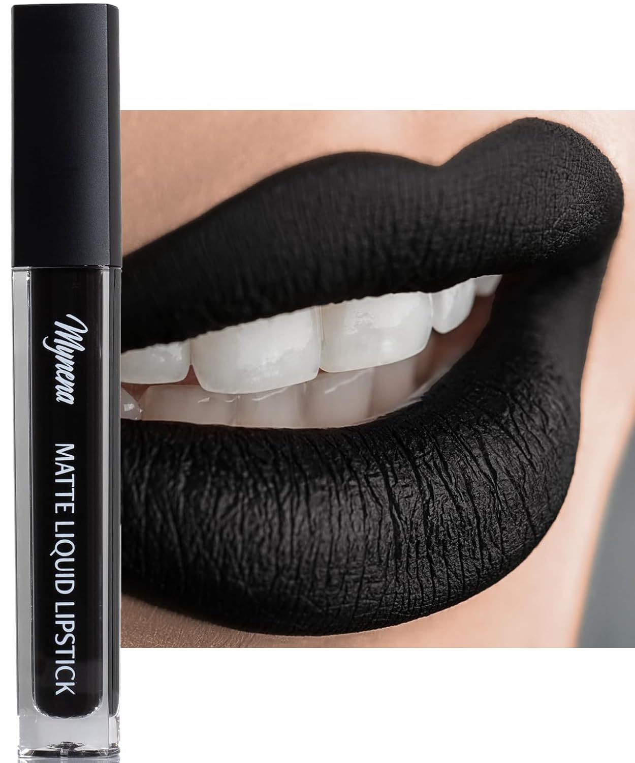 Mynena Jet Black Matte Liquid Lipstick Long-Lasting Waterproof - Linda | Non-Sticky Feel, Highly Pigmented, Full Coverage, Transfer Resistant, Weightless Comfortable Goth Lip Color