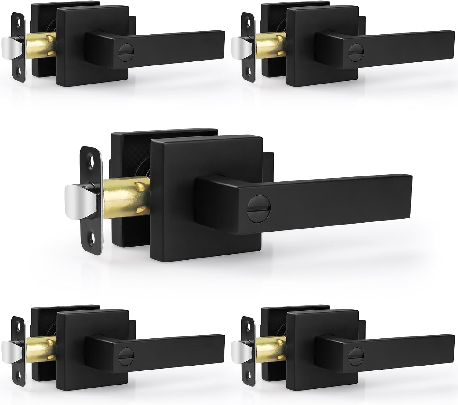 5 Pack Matte Black Door Handles Interior Door Knobs, Home Improvement Keyless Privacy Door Lock, Heavy Duty Zinc Alloy 2.07 lb Door Leverset for Bedrooms Bathrooms