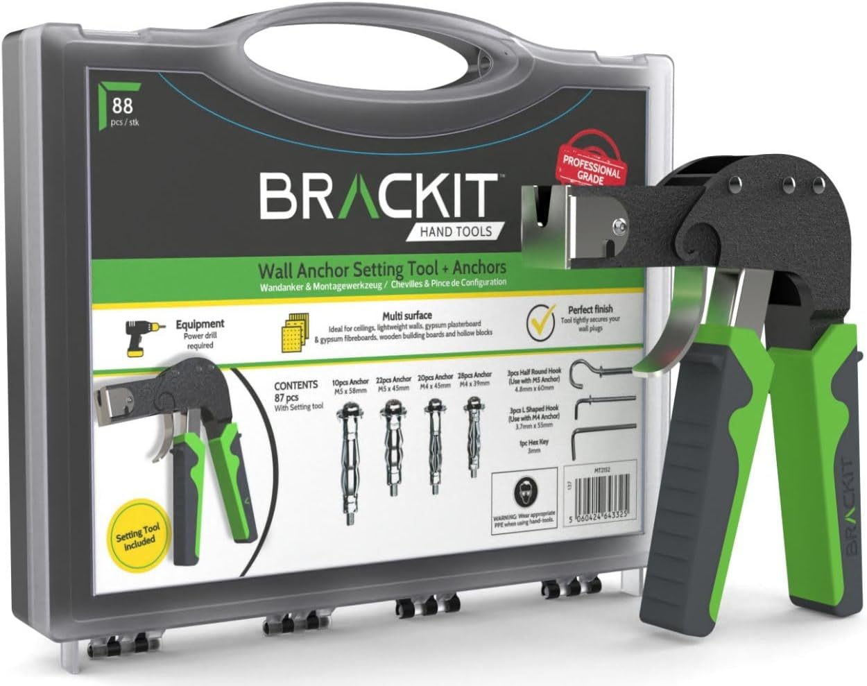 Brackit Plasterboard Fixing 88 Piece Wall Anchor Setting Tool Kit - in Carry Case with Instructions – for Cavity, Drywall & and Wall Mounting Includes Wall Hooks