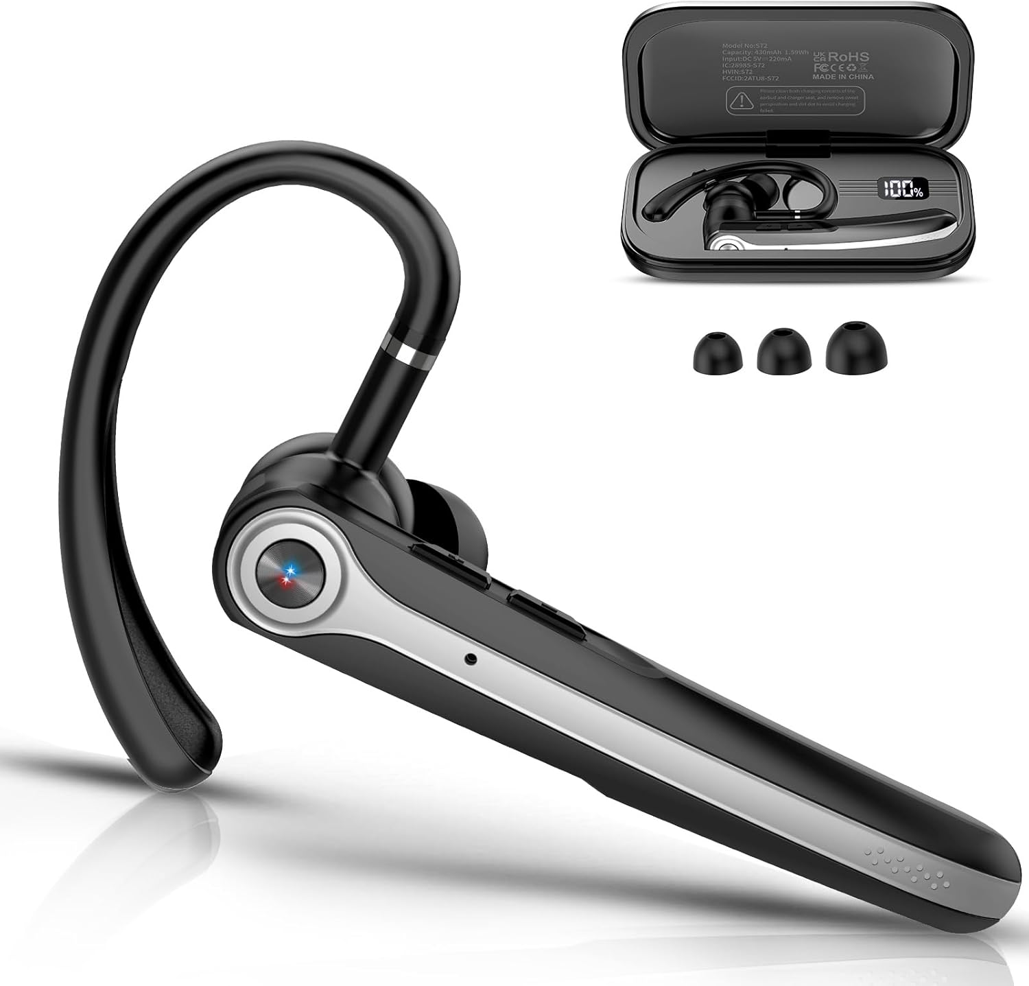 Atheewon Bluetooth Headset, Wireless Bluetooth Earpiece with Noise Canceling, Talk Single-Ear Headphones, Waterproof Hand-Free Earphone for Business/Trucker/Driver, Black