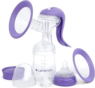 Lansinoh Manual Breast Pump, Hand Pump with Comfortable Flange for Breastfeeding Essentials, Includes Baby Bottle for Feeding, 5oz