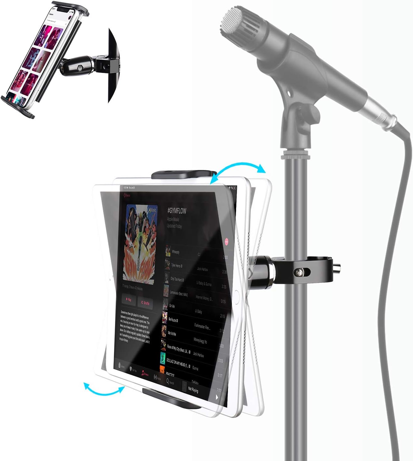elitehood Metal iPad Holder for Mic Stand, 360° Adjustable Mic Stand Tablet Holder, Aluminum iPad Mount for Music Stand, Microphone Stand, Compatible with 4.7-13" Tablets and Cell Phones
