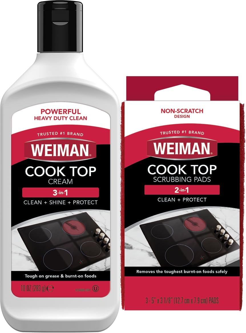 Weiman Ceramic and Glass Cooktop Cleaner - Heavy Duty Cleaner and Polish - 283g - 3 Scrubbing Pads