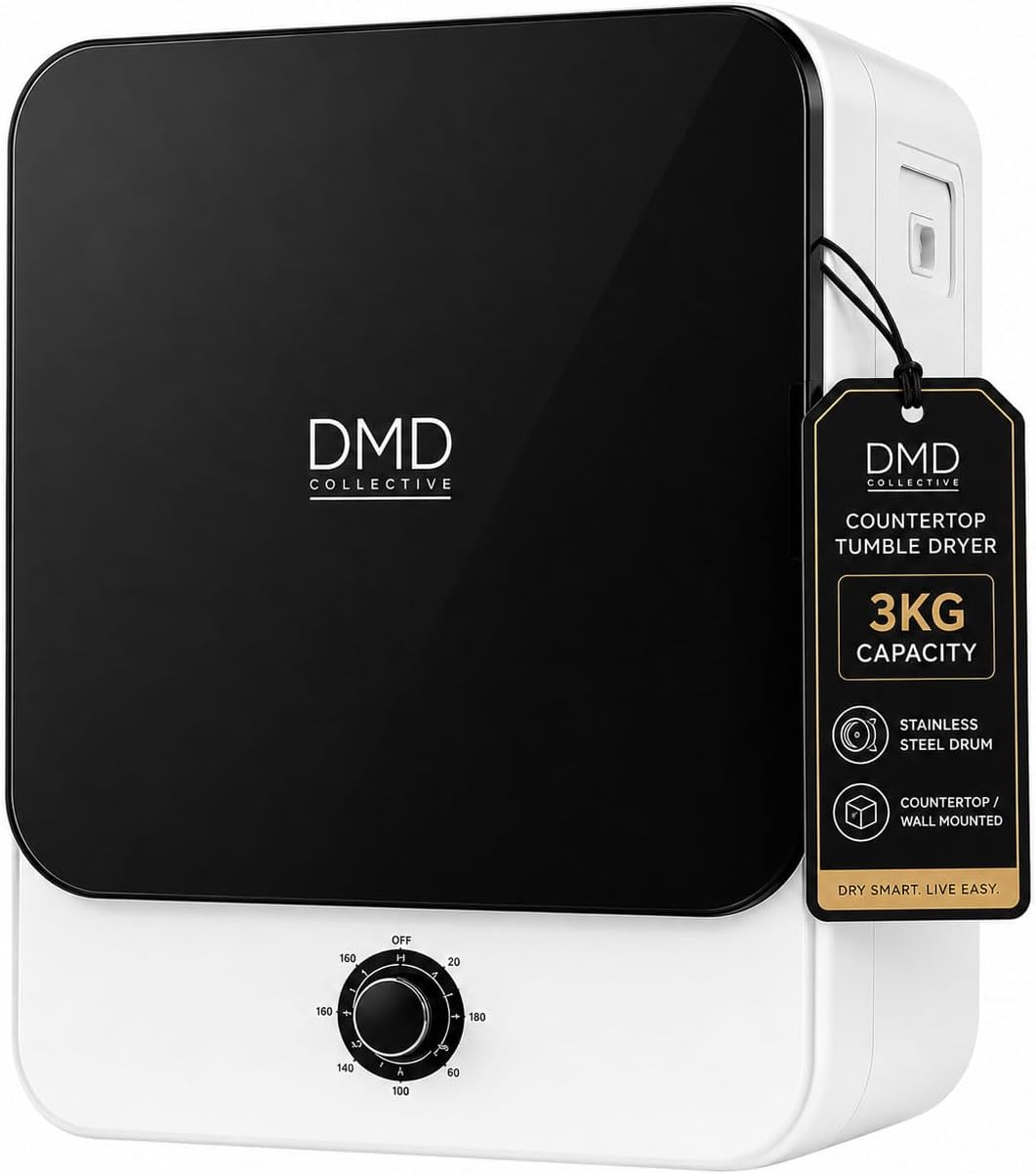 DMD Collective - 3kg Tumble Dryer, Vented Tumble Dryers, Dryer Machine | 830W power, 5 Drying Modes, Stainless Steel Tub, Overheat Protection, 180-Minute Timer, Countertop or Wall Mounting