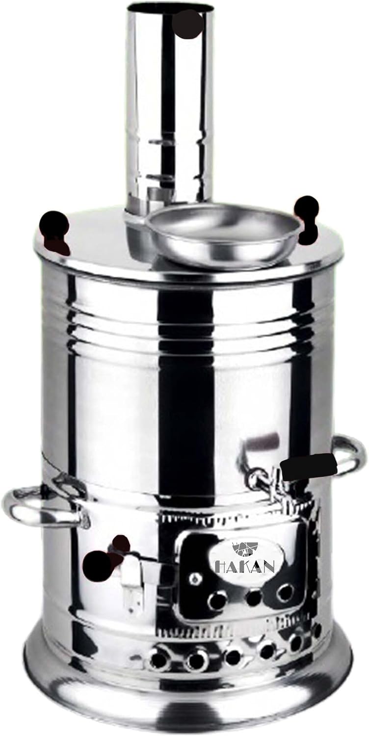 Portable Turkish Samovar Tea Kettle, Camping Water Boiler Tea Pot, Wood, Coals Fired Semaver Teapot, Water Heater for Camping, Picnic, Hunting, Outdoor Activities with Black Handles | 135.2 oz (4 lt)
