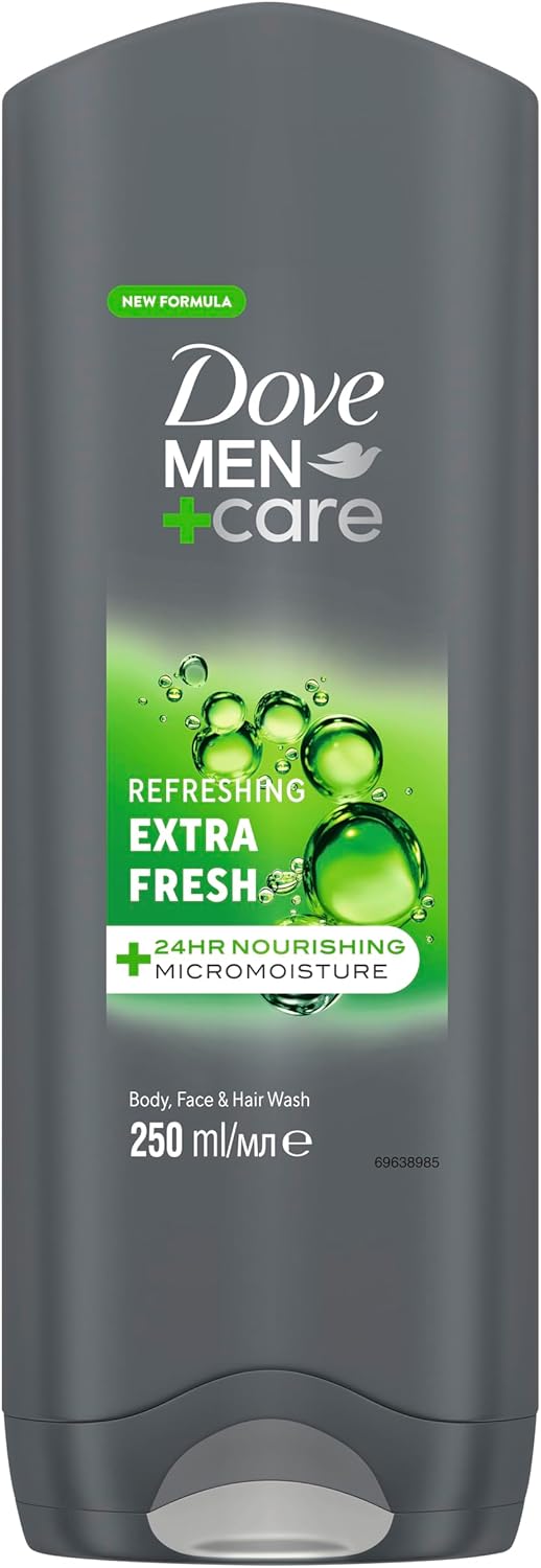 Dove Men+Care Refreshing Extra Fresh 3-in-1 Hair, Body and Face Wash Body Cleanser shower gel with 24 hour nourishing MicroMoisture technology for healthy and smooth skin all day 250 ml